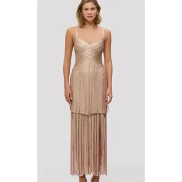 Herve Leger Dresses | Herve Leger Fringe Rose Gold Metallic Vivienne Gown Xs | Color: Cream/Gold | Size: 0 | Taniajustkiddin's Closet